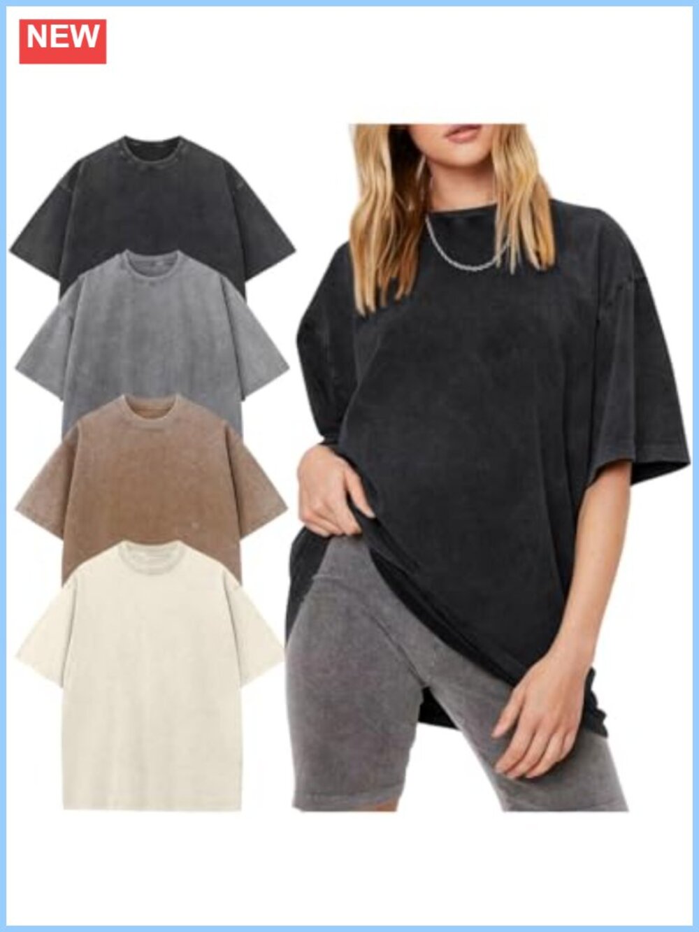 4 Pack Oversized Cotton Acid Wash Boyfriend T-Shirt Loose Fit Vintage